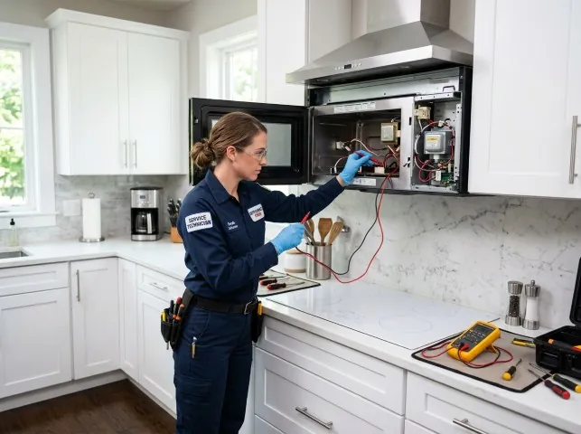 Appliance Repair Hero technician testing an over-the-range microwave in a Alexandria, KY kitchen